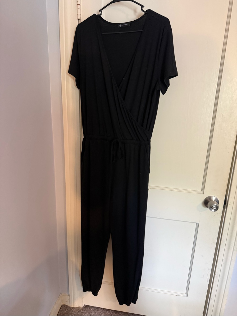 Women's Black Wrap-Front Jumpsuit with Drawstring Waist